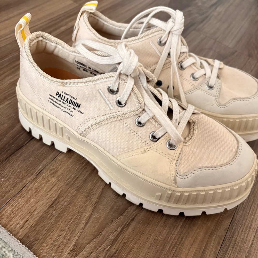 Palladium Cream Canvas Lace-Up Sneakers with Yellow Heel Tab